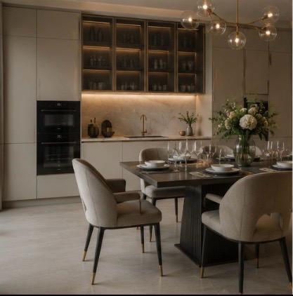 Bucătărie cu zonă de luat masa, mobilier la comandă și candelabru
