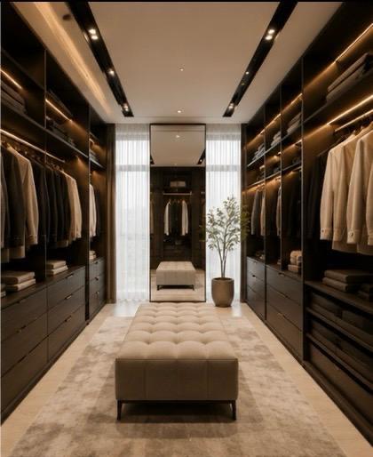 Dressing spațios cu dulapuri la comandă și iluminat interior