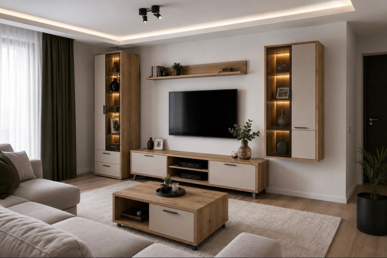 Living cu mobilier din lemn natural, comodă TV și vitrine iluminate