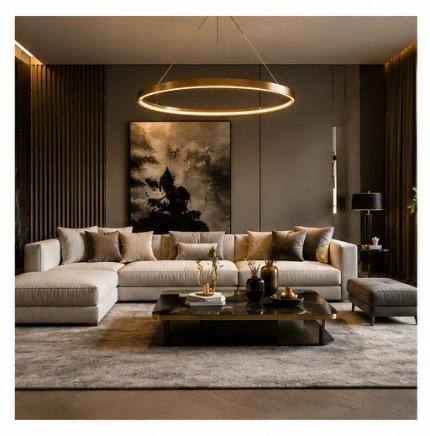 Living modern cu canapea amplă și iluminat ambiental cald