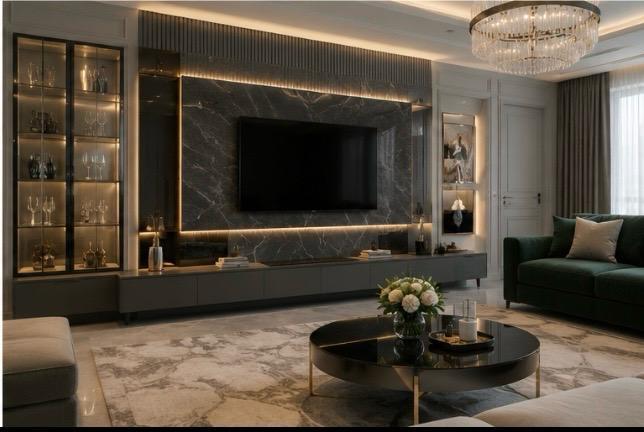 Living premium cu perete de marmură, mobilier la comandă și candelabru